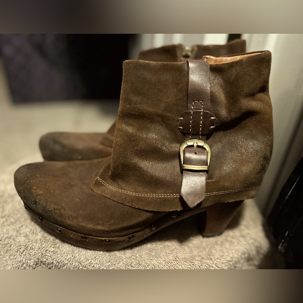 Brown suede, wooden heeled boot with buckle and studs 10